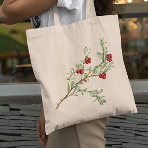Red Bearberry Vintage Watercolor Botanical Print Graphic Canvas Tote Bag
